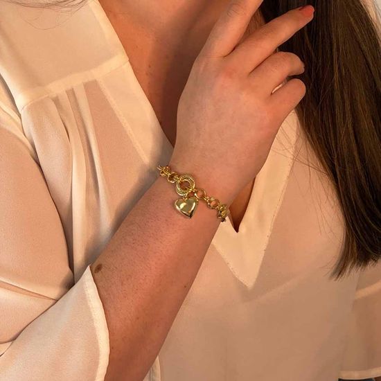pulseira com elos entrelaçados e pingente de coracao em ouro 18k PC183