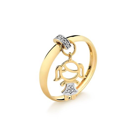 anel feminino com pingente menina em ouro 18k