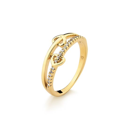 anel em ouro amarelo com corações e pedra de diamante A778