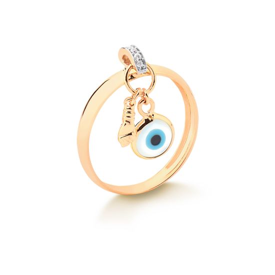 anel feminino em ouro 10k com pingente de figa e olho grego