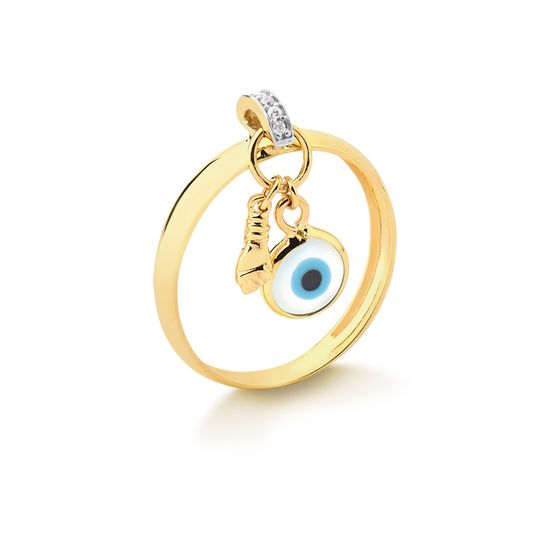 anel feminino em ouro 18k com pingente de figa e olho grego