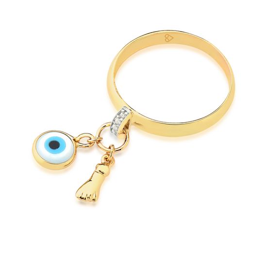 anel com pingente de figa e olho grego ouro 750 A1072OF6