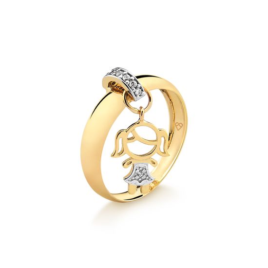 anel feminino com pingente de menina em ouro 18k