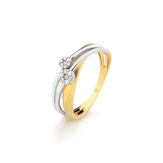anel feminino ouro amarelo e branco entralacado com 7 pontos de diamantes ouro 18k