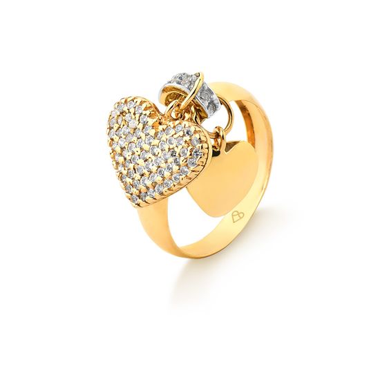 anel feminino em ouro 18k e zircônias com pingente de coração