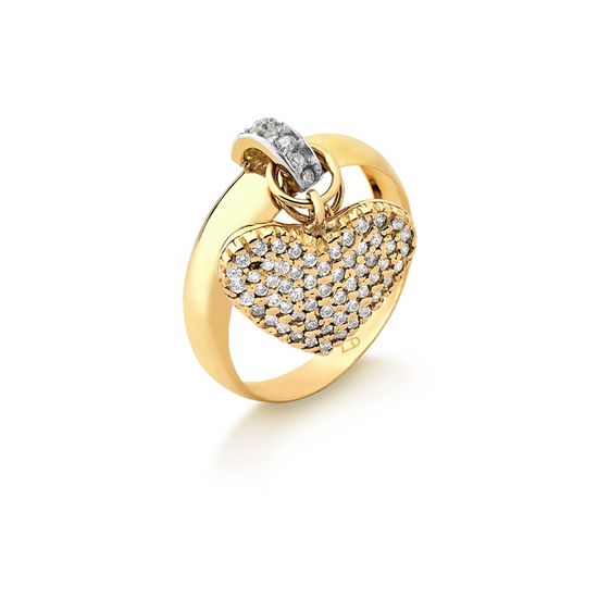anel feminino em ouro 18k com pingente de coracao e zircônias