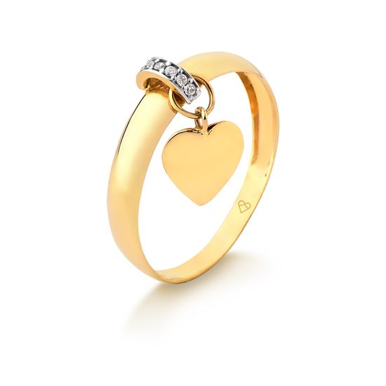 anel feminino em ouro 18k com pingente de coracao e zirconias