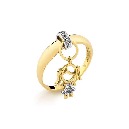 anel com pingente de menina e diamante em ouro 18k A724