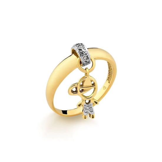 anel feminino com pingente de menino com 2 pontos de diamantes em ouro 18k