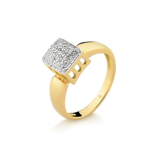 anel chuveiro quadrado com 21 pontos de diamante em ouro 18k