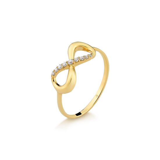 anel feminino infinito com zircônias em ouro 18k
