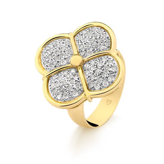 anel feminino trevo da sorte com diamantes em ouro 18k amarelo e branco