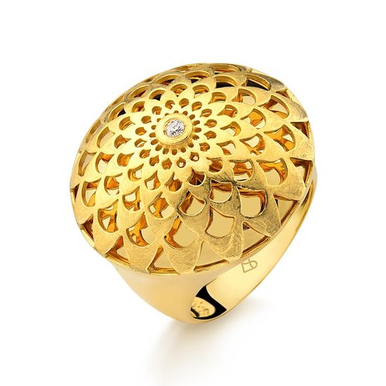anel feminino flor com 9 pontos de diamantes em ouro 18k