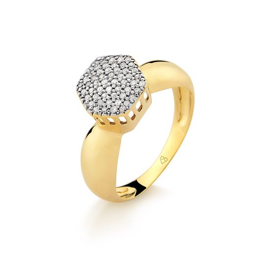 anel feminino chuveiro hexagonal com 26 pontos de diamante em ouro 18k