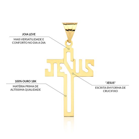 Pingente Cruz Média em Ouro 18k escrito Jesus