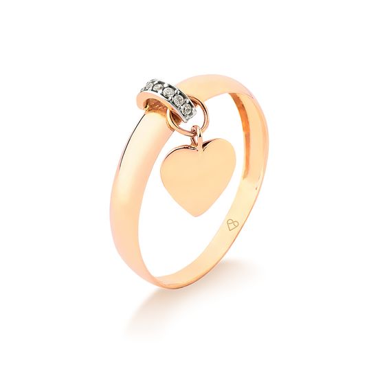 anel feminino em ouro 10k com pingente de coracao e zirconias