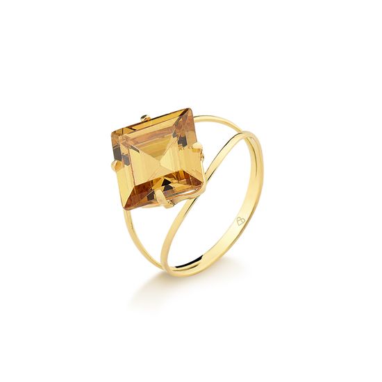 Anel com Pedra Amarela Quadrada em ouro 18k A1108 Fluiarte