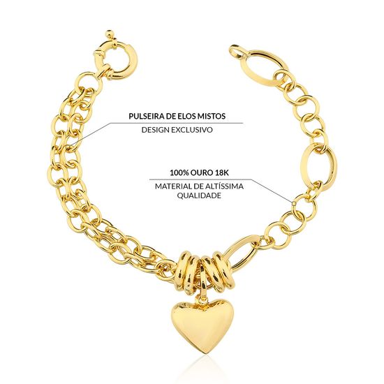 pulseira de ouro 18k com coração para mulher