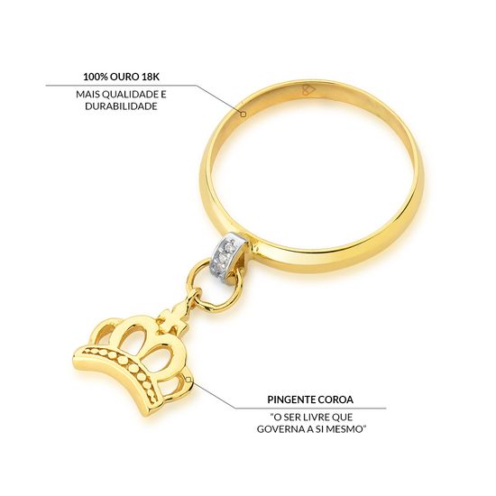 anel feminino em ouro 18k com pingente de coroa