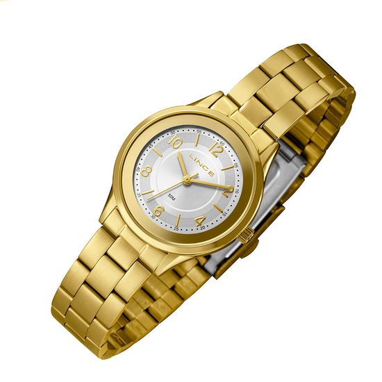 Relógio Analógico Dourado Lince Feminino Mostrador Cinza Com Números