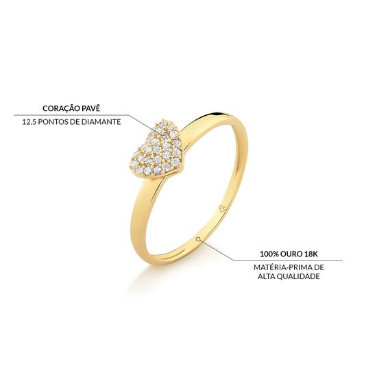 anel pavê de coração em ouro 18k e diamantes