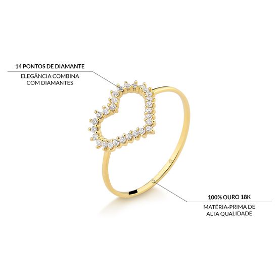 anel feminino de coração em ouro 18k amarelo diamantes