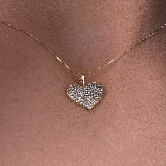 pingente de coração em ouro 18k diamantes cravação pavê