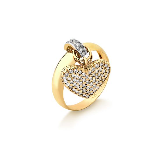 anel feminino em ouro 18k com pingente de coracao e zircônias