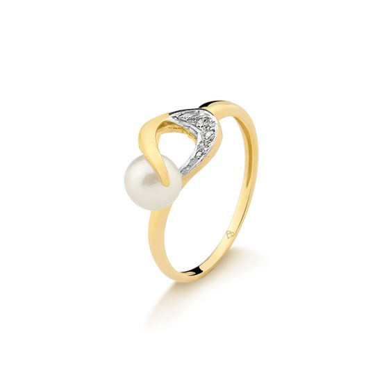 anel abstrato de pérola e diamantes em ouro 18k fluiarte