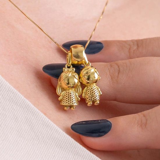 Conjunto de Pingentes de Filhos Casal em Ouro Amarelo